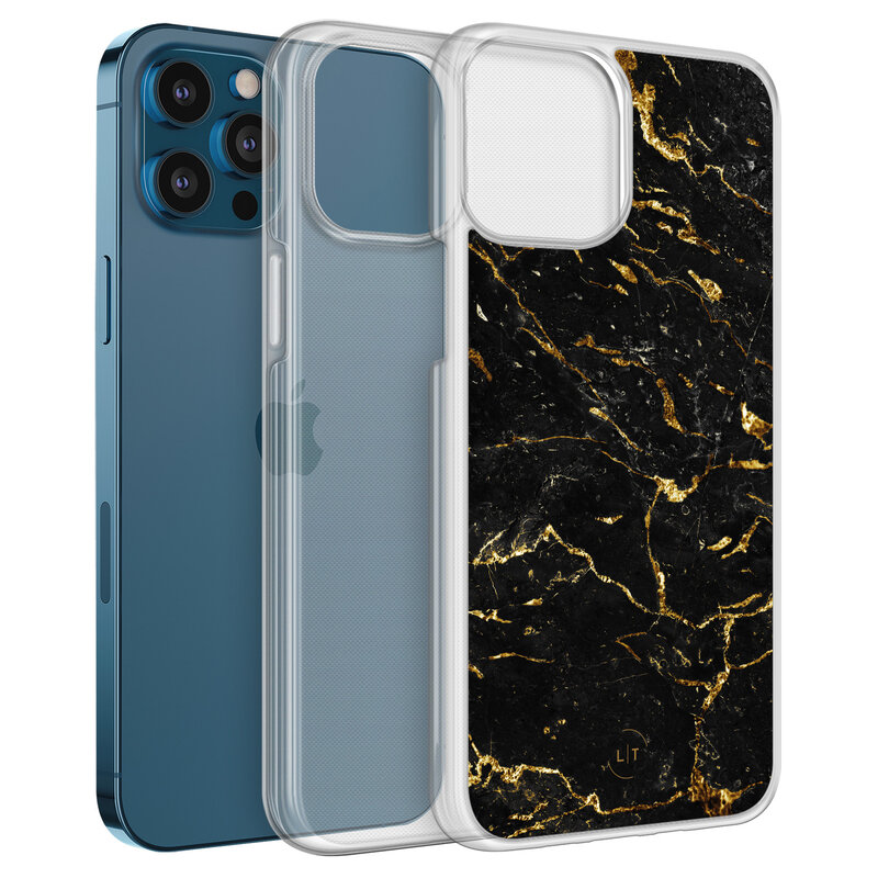 Leuke Telefoonhoesjes iPhone 12 (Pro) hybride hoesje - Marmer zwart goud