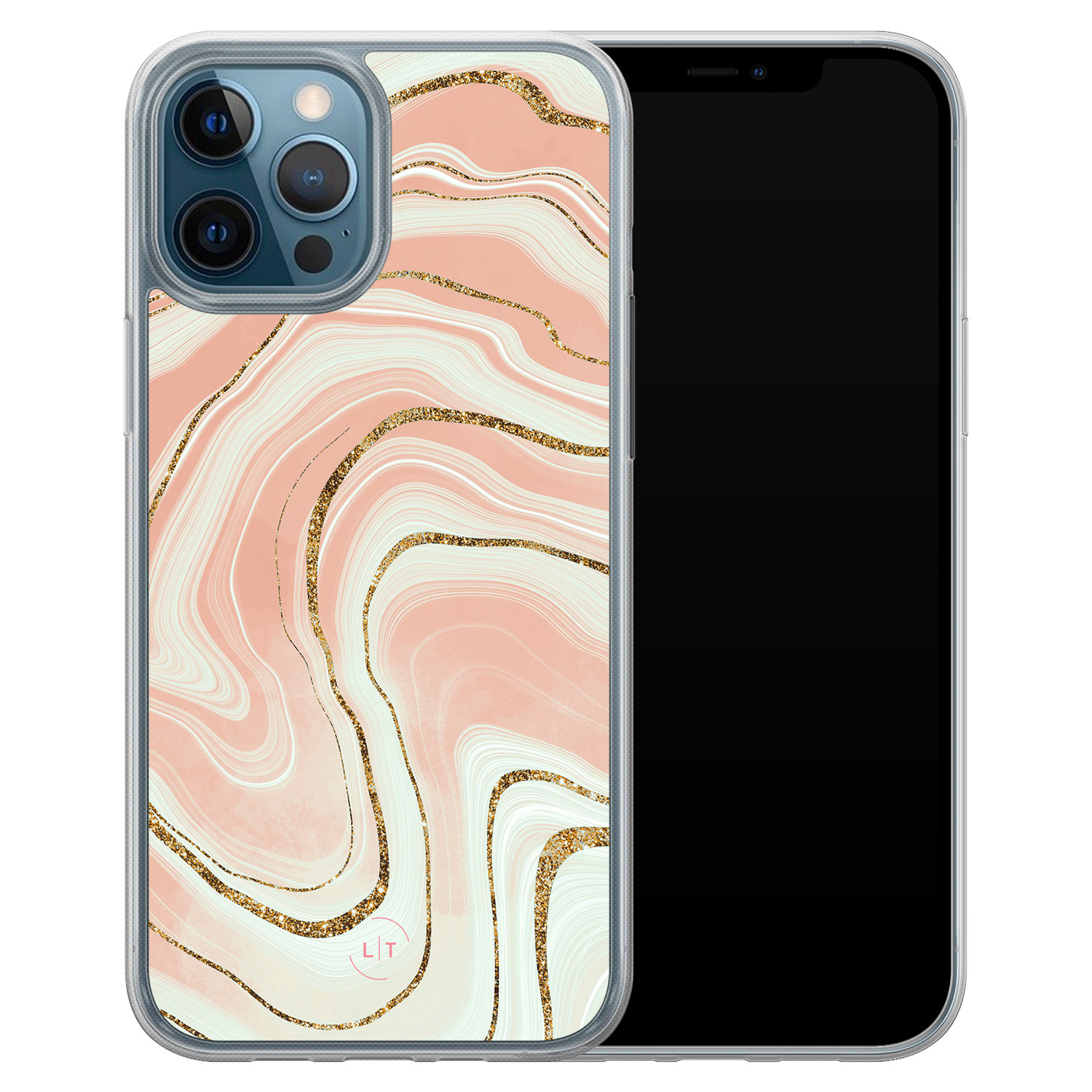Leuke Telefoonhoesjes iPhone 12 (Pro) hybride hoesje - Marmer peach