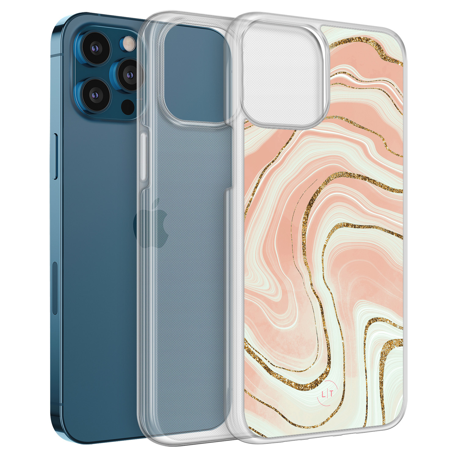 Leuke Telefoonhoesjes iPhone 12 (Pro) hybride hoesje - Marmer peach