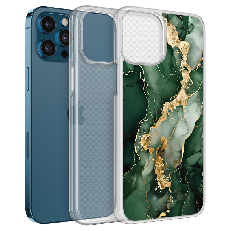Leuke Telefoonhoesjes iPhone 12 (Pro) hybride hoesje - Marmer groen goud