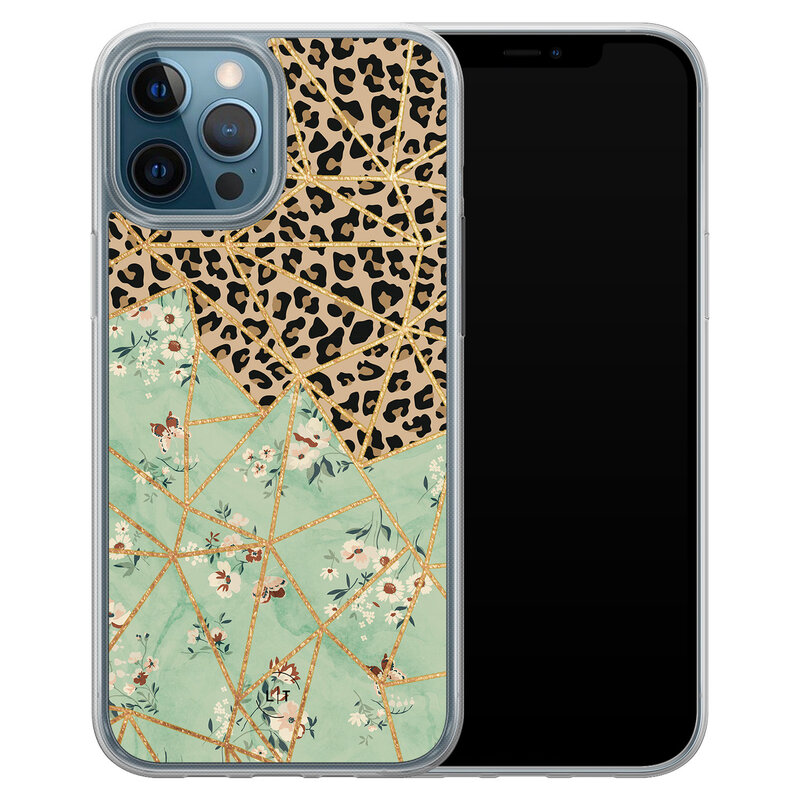Leuke Telefoonhoesjes iPhone 12 (Pro) hybride hoesje - Luipaard flower print