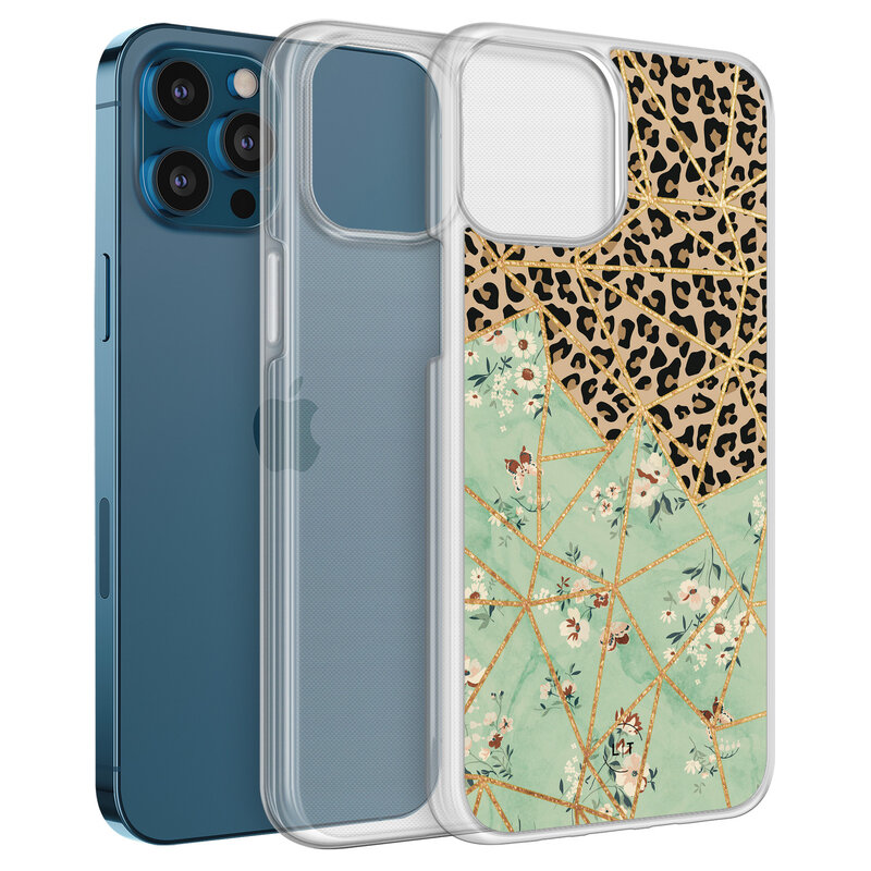 Leuke Telefoonhoesjes iPhone 12 (Pro) hybride hoesje - Luipaard flower print