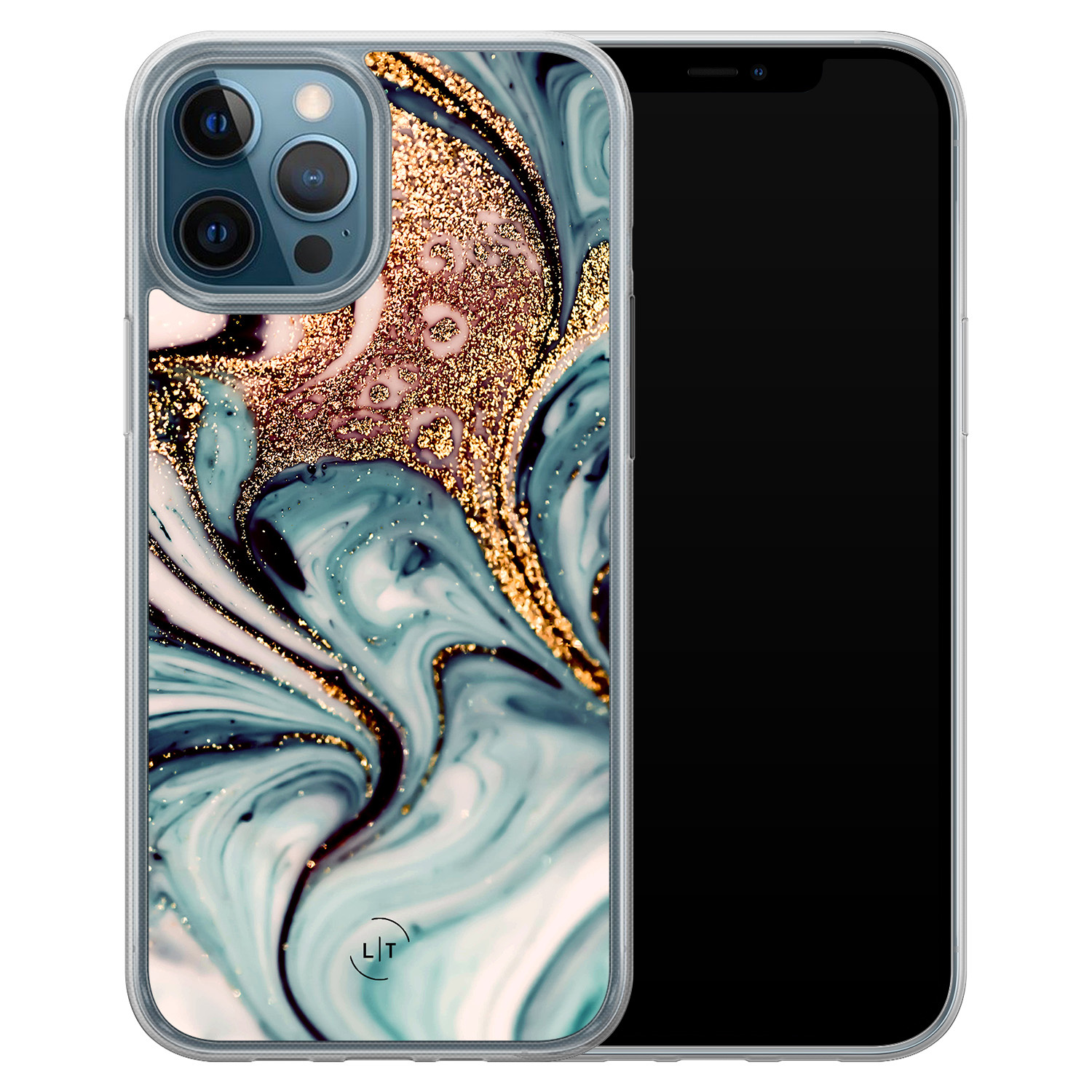 Leuke Telefoonhoesjes iPhone 12 (Pro) hybride hoesje - Marmer blauw goud
