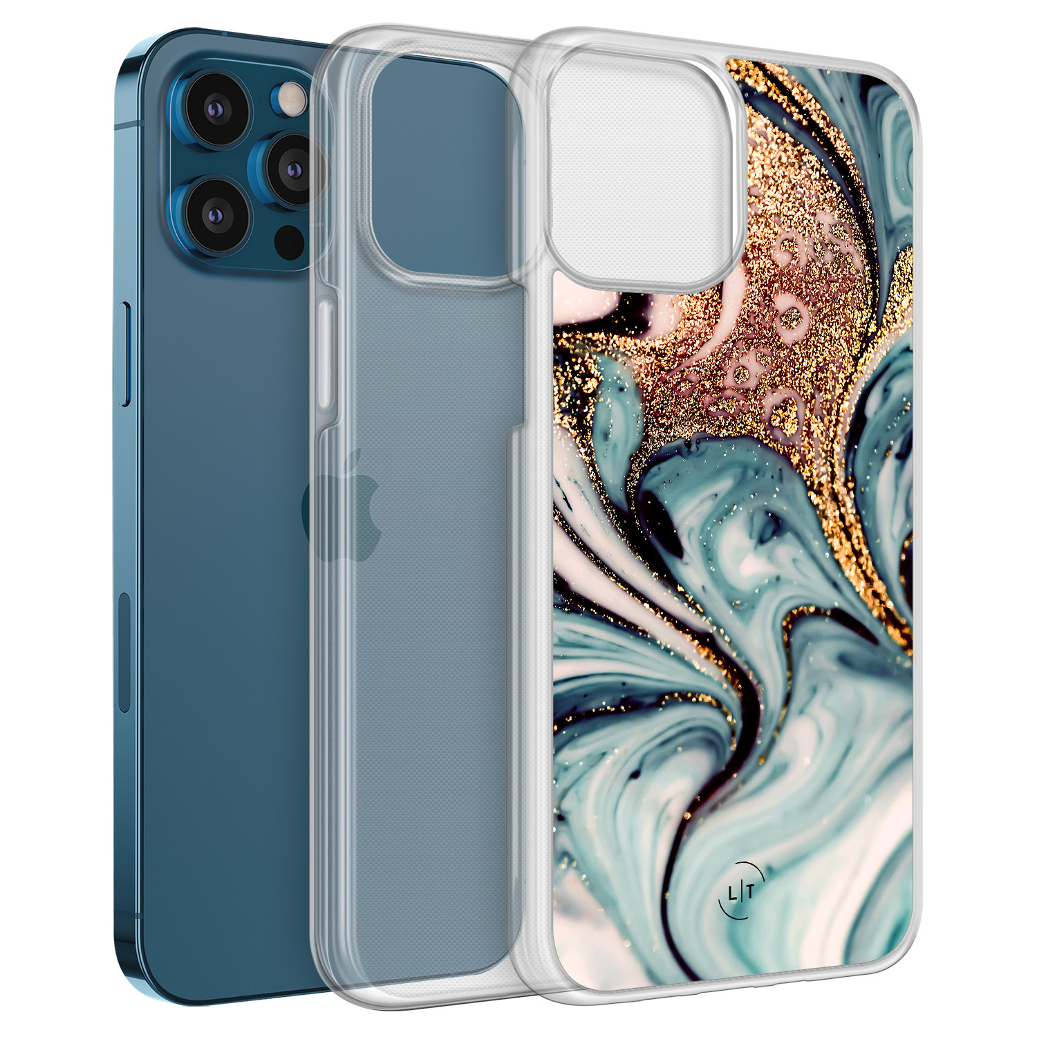 Leuke Telefoonhoesjes iPhone 12 (Pro) hybride hoesje - Marmer blauw goud