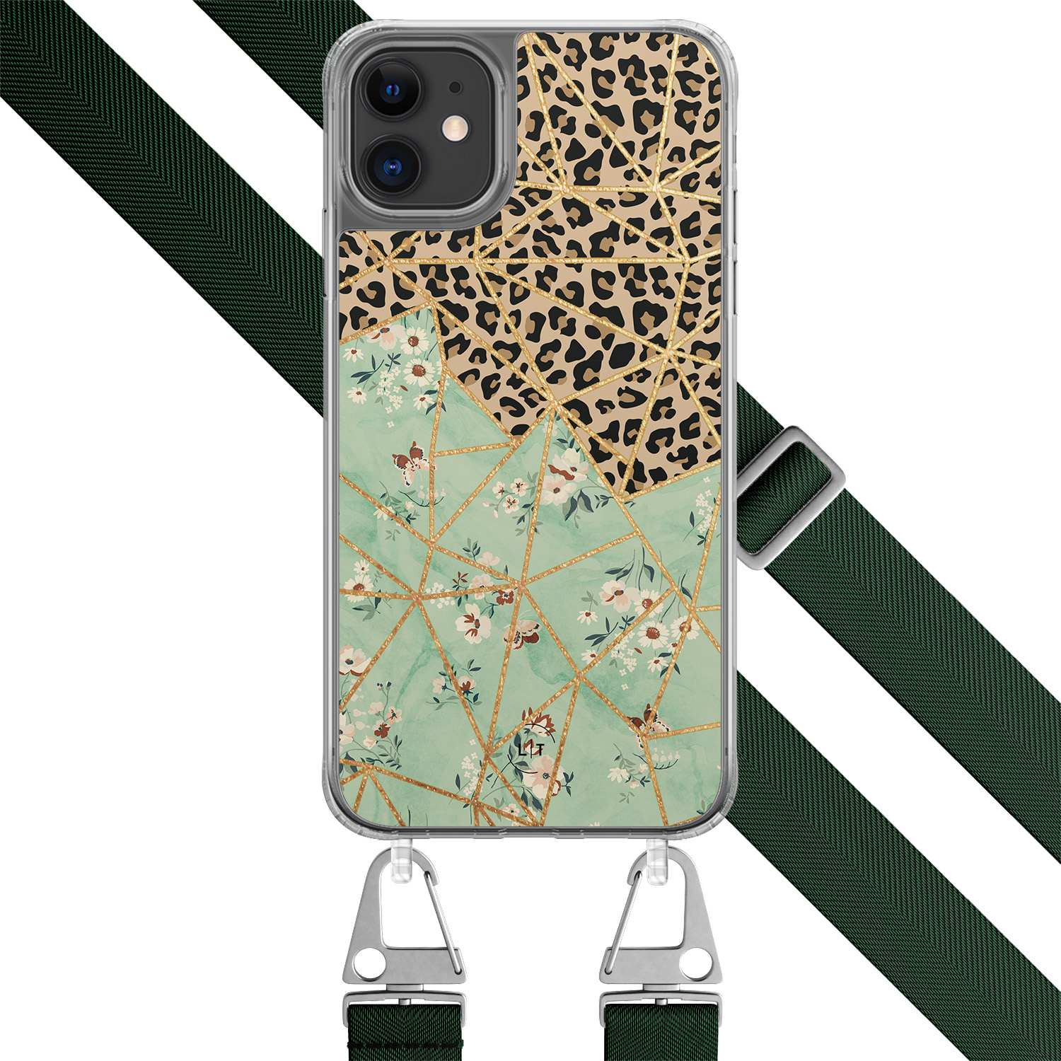 Leuke Telefoonhoesjes iPhone 11 hoesje met groen koord - Luipaard flower print