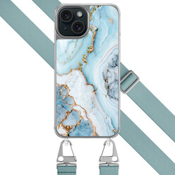 Leuke Telefoonhoesjes iPhone 15 hoesje met blauw koord - Marmer babyblauw