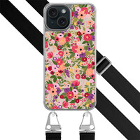 Leuke Telefoonhoesjes iPhone 15 hoesje met zwart koord - Floral garden