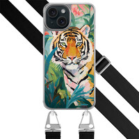 Leuke Telefoonhoesjes iPhone 15 hoesje met zwart koord - Tijger in de jungle