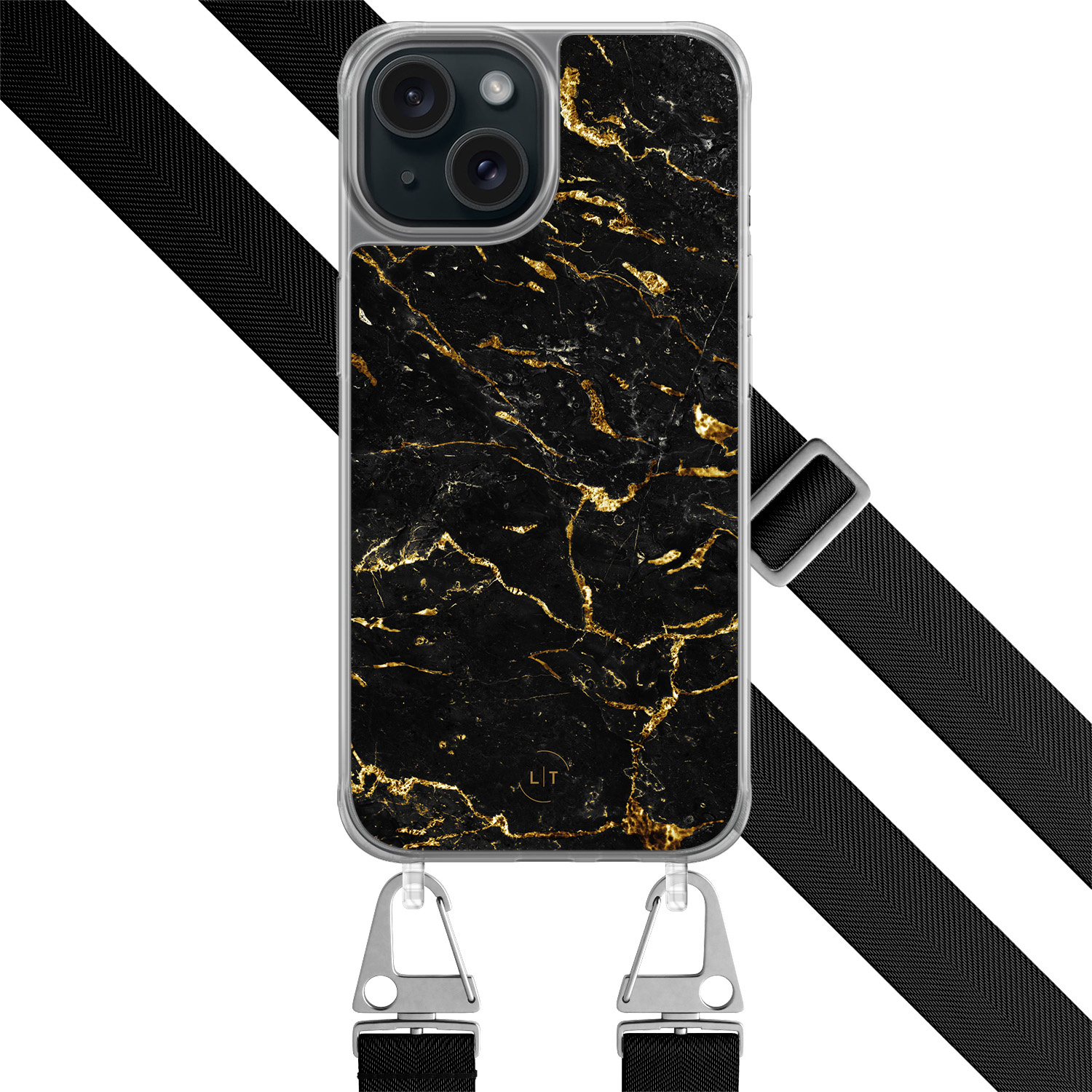 Leuke Telefoonhoesjes iPhone 15 hoesje met zwart koord - Marmer zwart goud