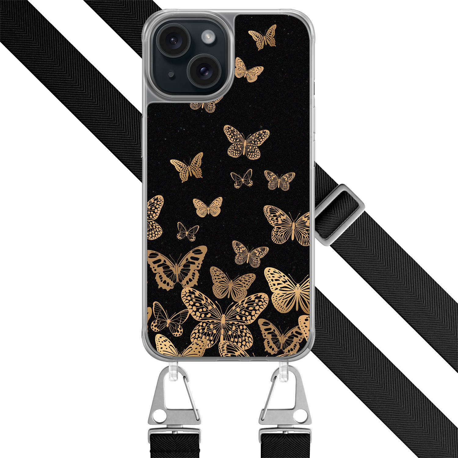 Leuke Telefoonhoesjes iPhone 15 hoesje met zwart koord - Vlinders