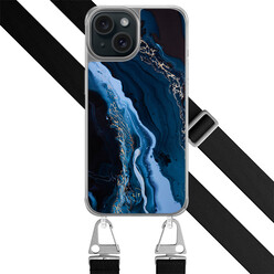 Leuke Telefoonhoesjes iPhone 15 hoesje met zwart koord - Marmer lagoon blauw