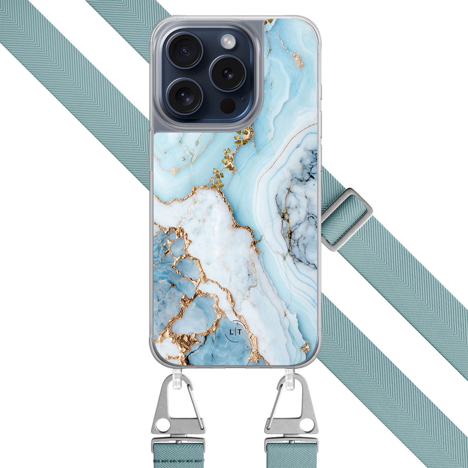 Leuke Telefoonhoesjes iPhone 15 Pro hoesje met blauw koord - Marmer babyblauw