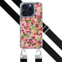 Leuke Telefoonhoesjes iPhone 15 Pro hoesje met zwart koord - Floral garden