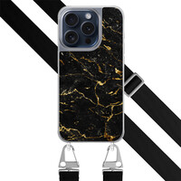 Leuke Telefoonhoesjes iPhone 15 Pro hoesje met zwart koord - Marmer zwart goud