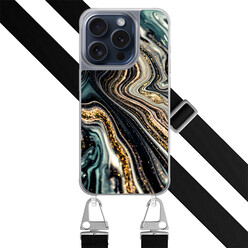Leuke Telefoonhoesjes iPhone 15 Pro hoesje met zwart koord - Marmer swirl
