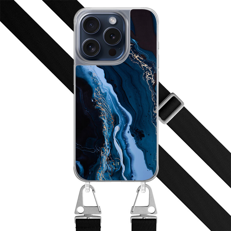 Leuke Telefoonhoesjes iPhone 15 Pro hoesje met zwart koord - Marmer lagoon blauw