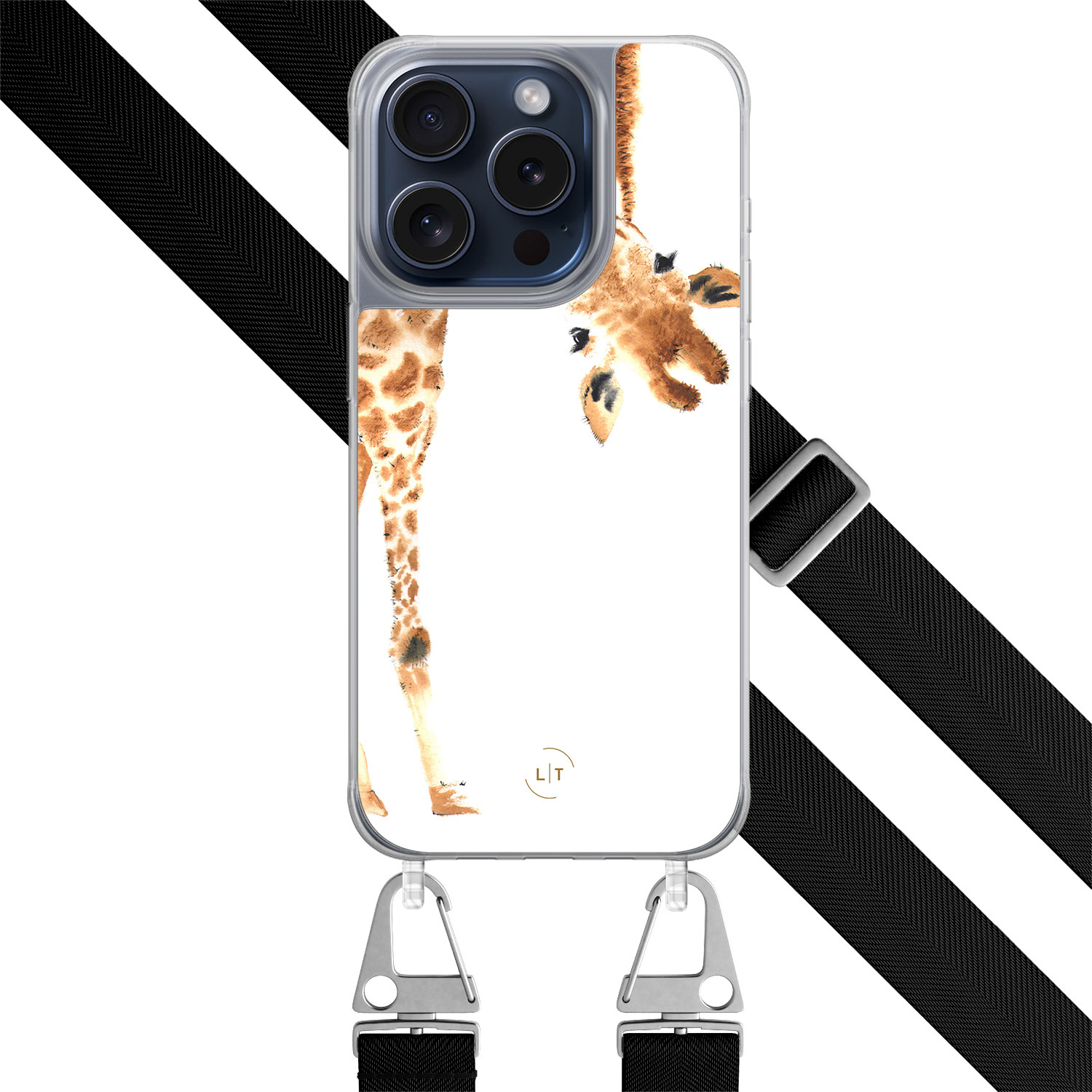 Leuke Telefoonhoesjes iPhone 15 Pro hoesje met zwart koord - Giraffe