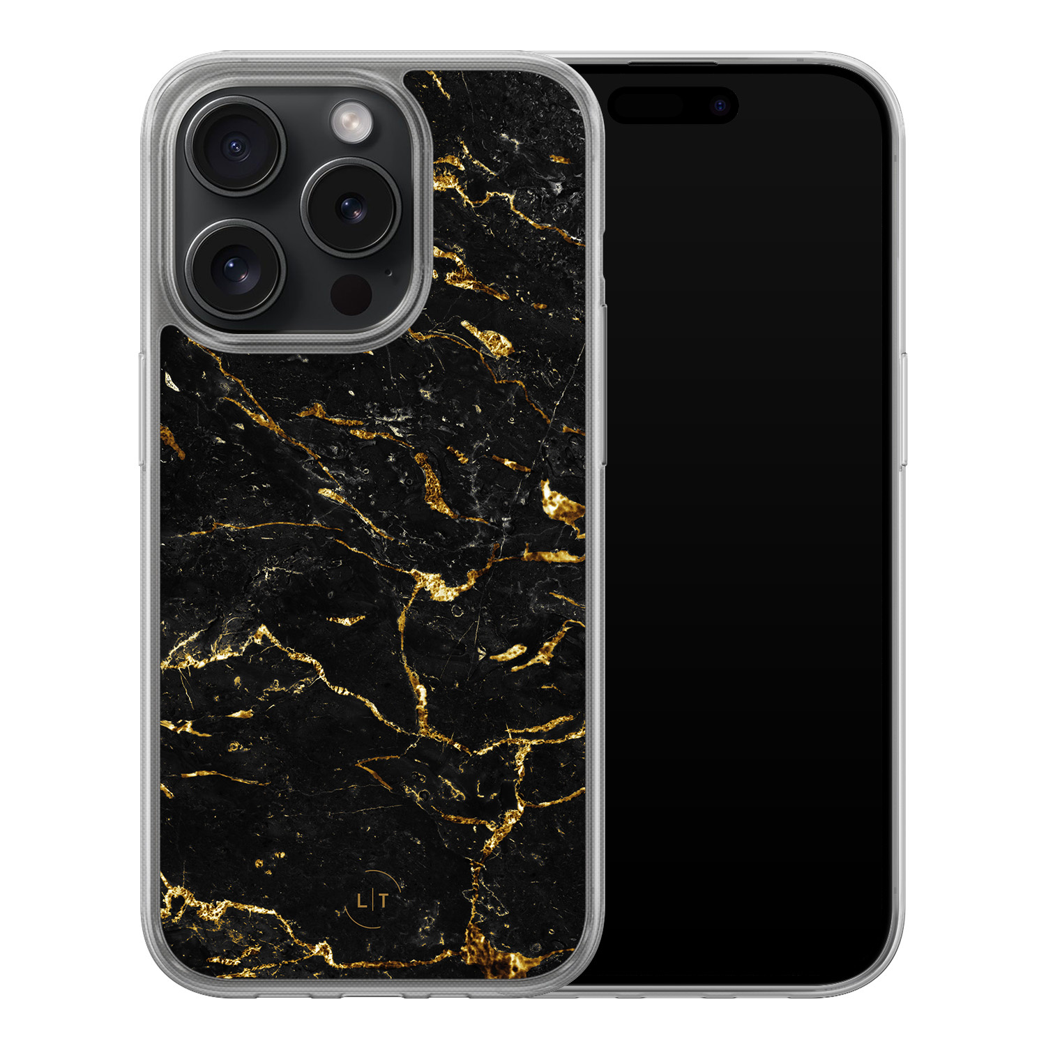 Leuke Telefoonhoesjes iPhone 15 Pro hybride hoesje - Marmer zwart goud