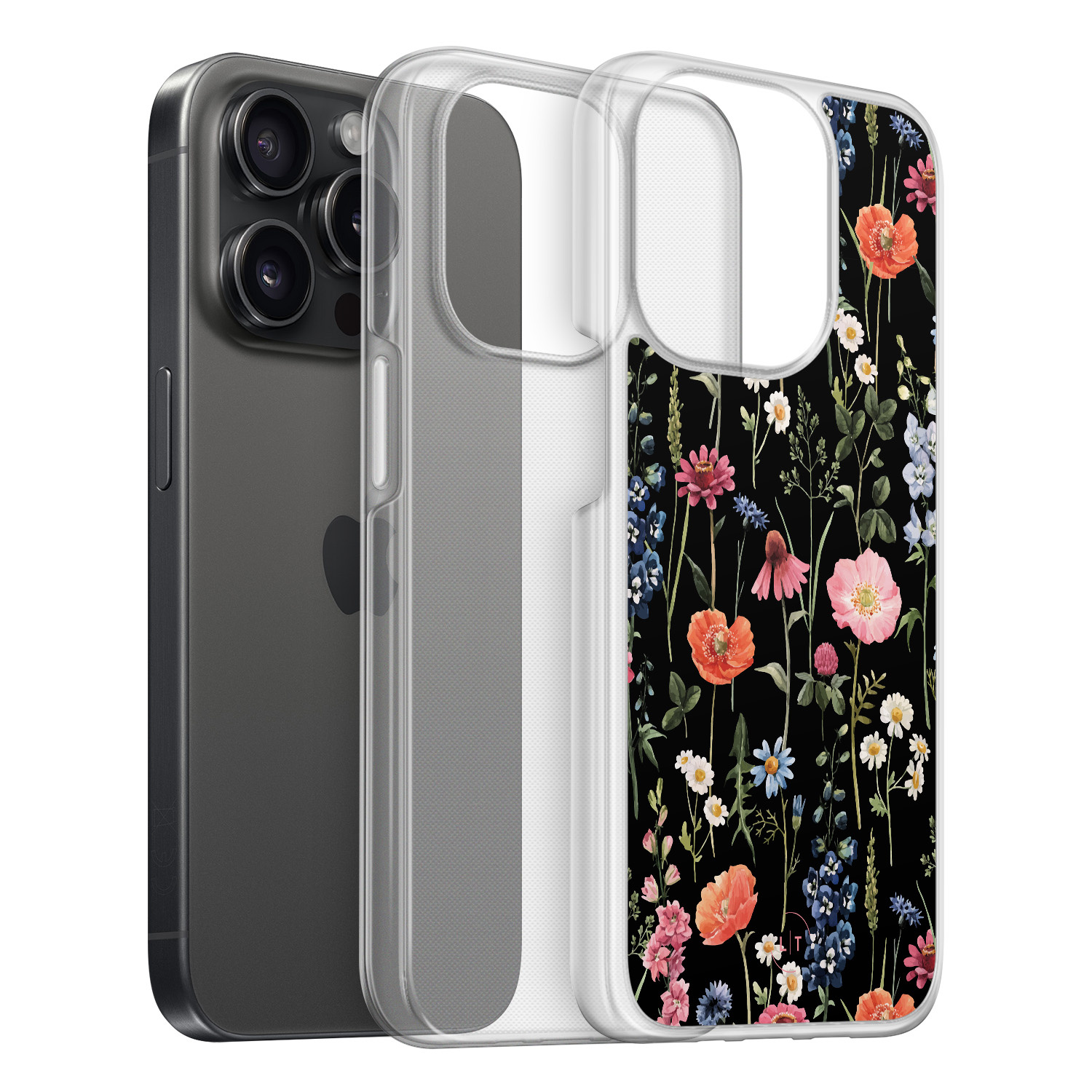 Leuke Telefoonhoesjes iPhone 15 Pro hybride hoesje - Dark flowers