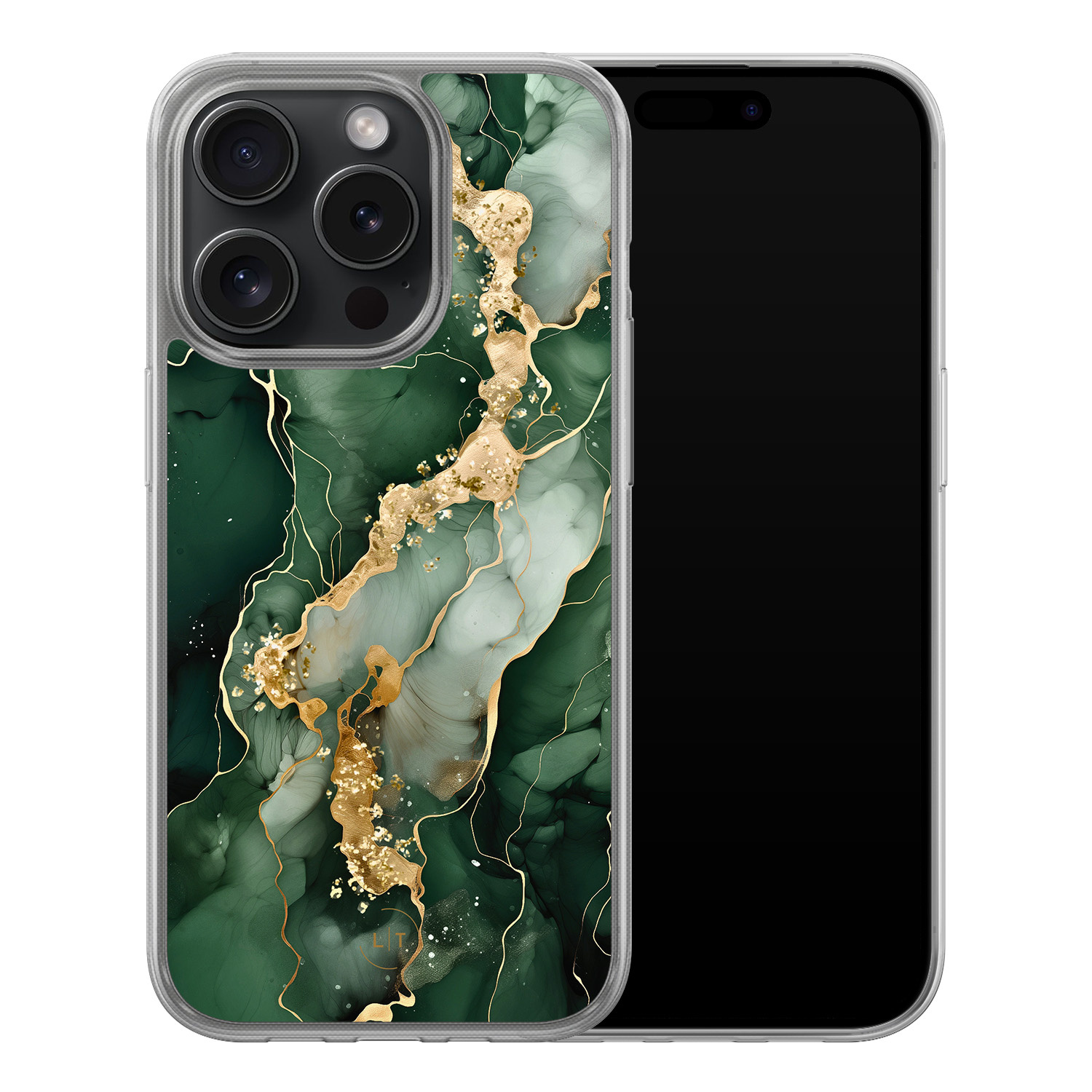 Leuke Telefoonhoesjes iPhone 15 Pro hybride hoesje - Marmer groen goud