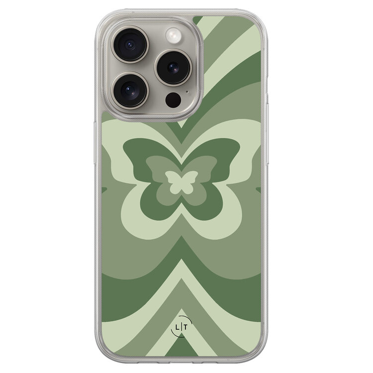 Leuke Telefoonhoesjes iPhone 15 Pro Max hybride hoesje - Retro vlinder groen