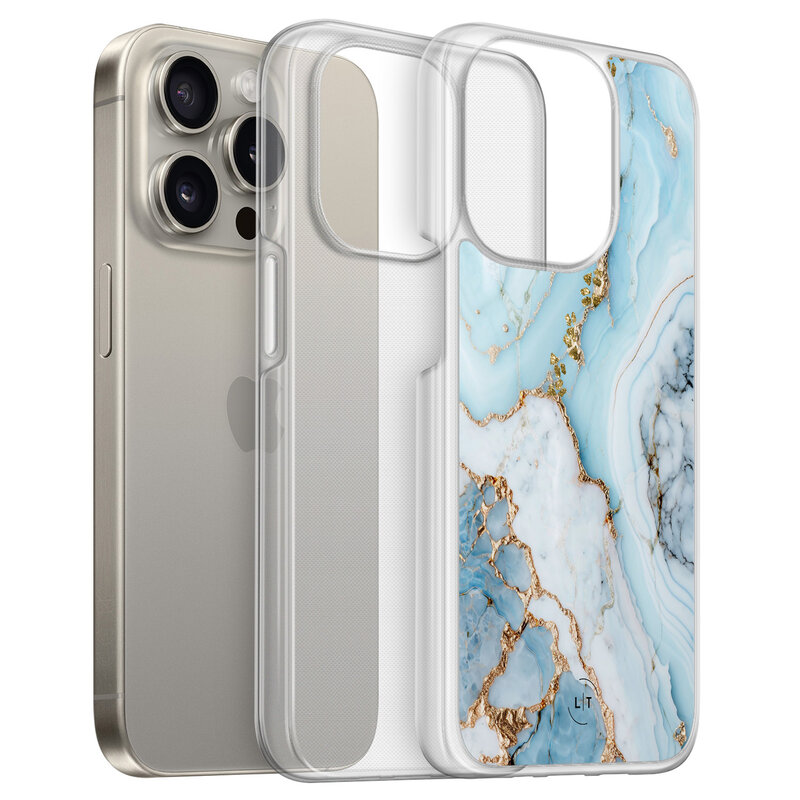 Leuke Telefoonhoesjes iPhone 15 Pro Max hybride hoesje - Marmer babyblauw
