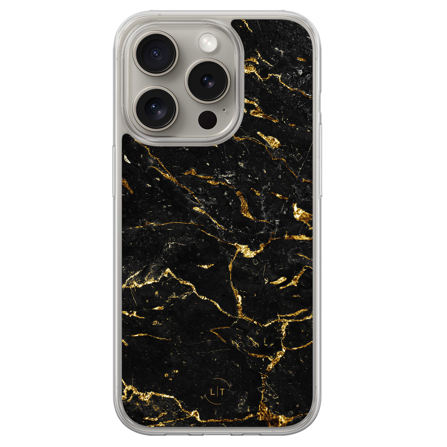 Leuke Telefoonhoesjes iPhone 15 Pro Max hybride hoesje - Marmer zwart goud