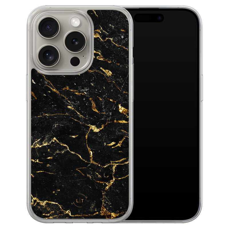 Leuke Telefoonhoesjes iPhone 15 Pro Max hybride hoesje - Marmer zwart goud