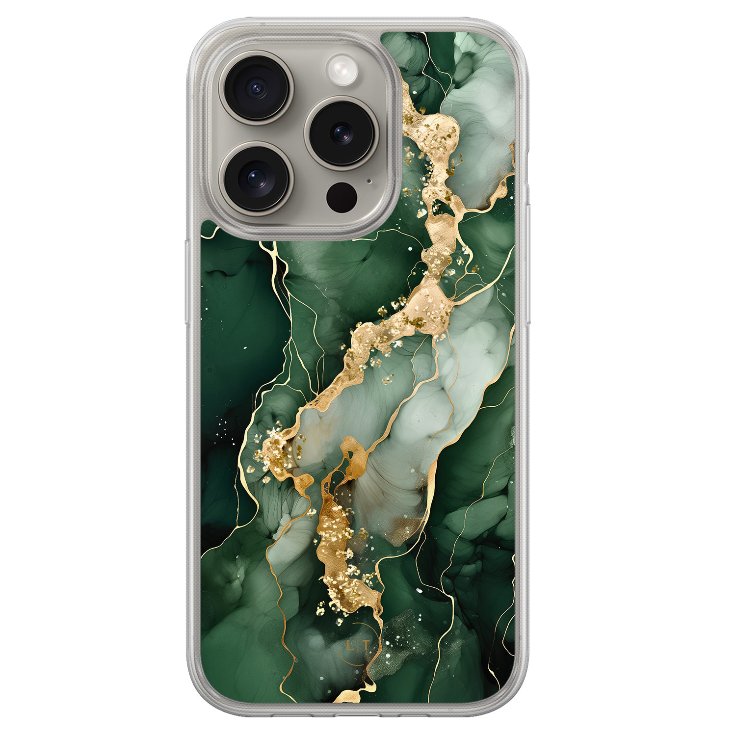 Leuke Telefoonhoesjes iPhone 15 Pro Max hybride hoesje - Marmer groen goud