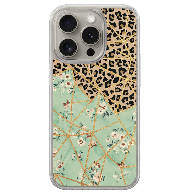 Leuke Telefoonhoesjes iPhone 15 Pro Max hybride hoesje - Luipaard flower print