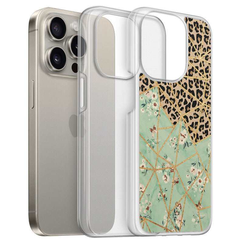 Leuke Telefoonhoesjes iPhone 15 Pro Max hybride hoesje - Luipaard flower print