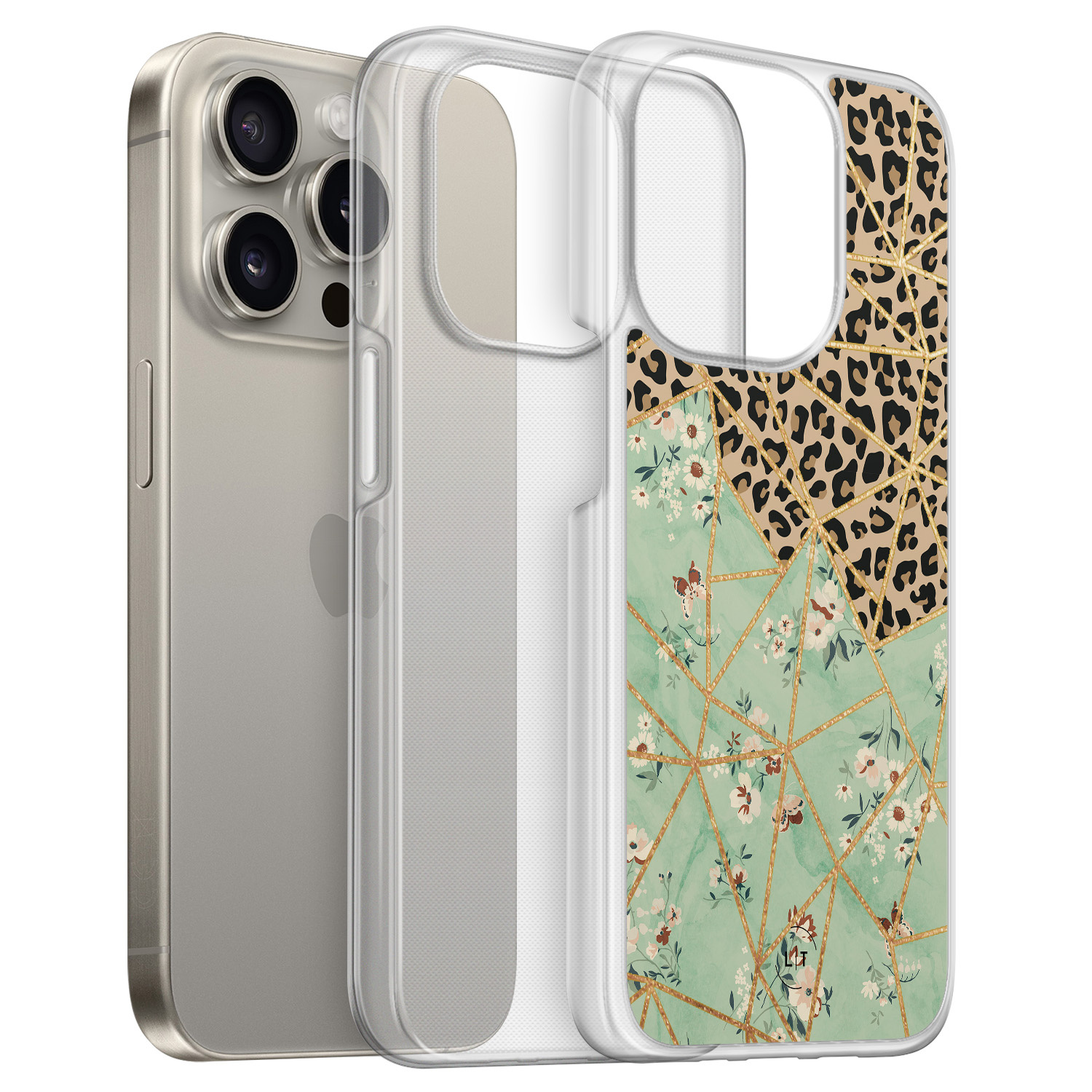Leuke Telefoonhoesjes iPhone 15 Pro Max hybride hoesje - Luipaard flower print