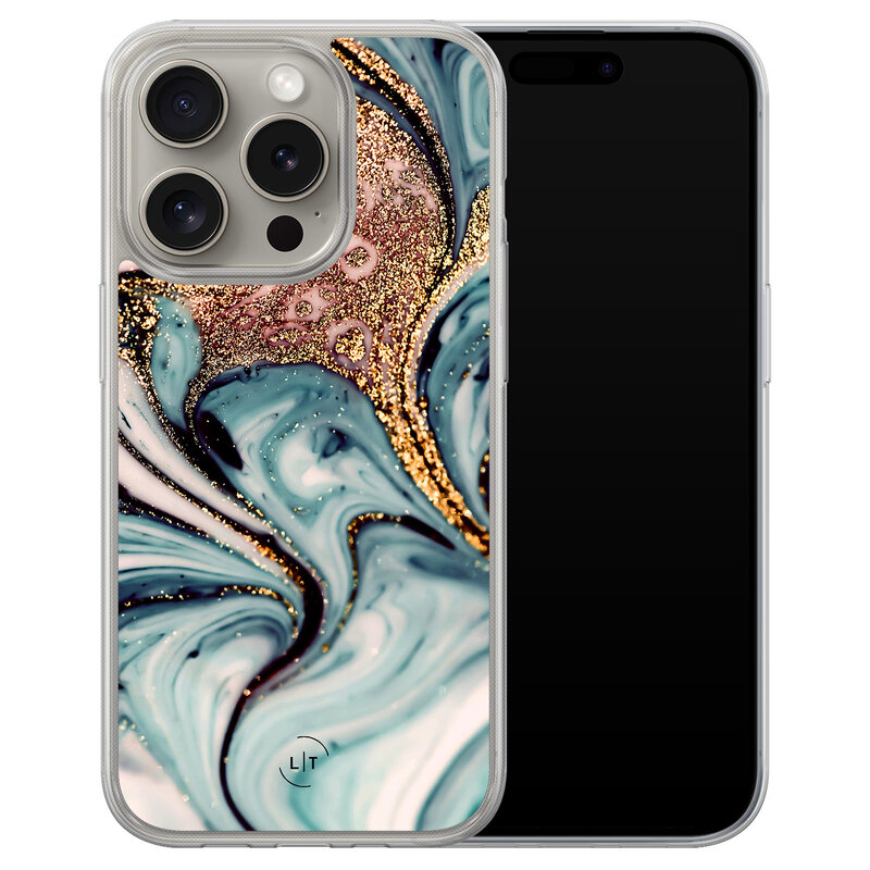 Leuke Telefoonhoesjes iPhone 15 Pro Max hybride hoesje - Marmer blauw goud