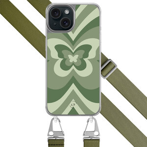 Leuke Telefoonhoesjes iPhone 15 hoesje met groen koord - Retro vlinders