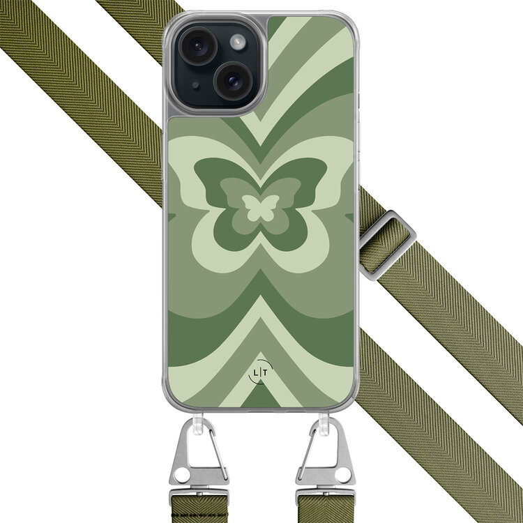 Leuke Telefoonhoesjes iPhone 15 hoesje met groen koord - Retro vlinders