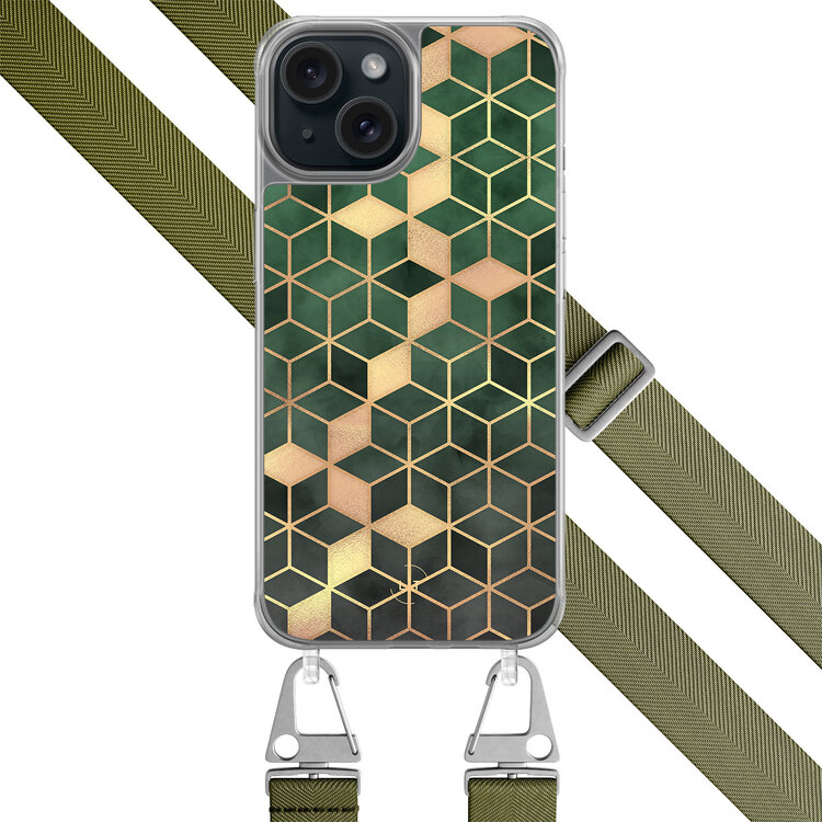 Leuke Telefoonhoesjes iPhone 15 hoesje met groen koord - Kubus groen