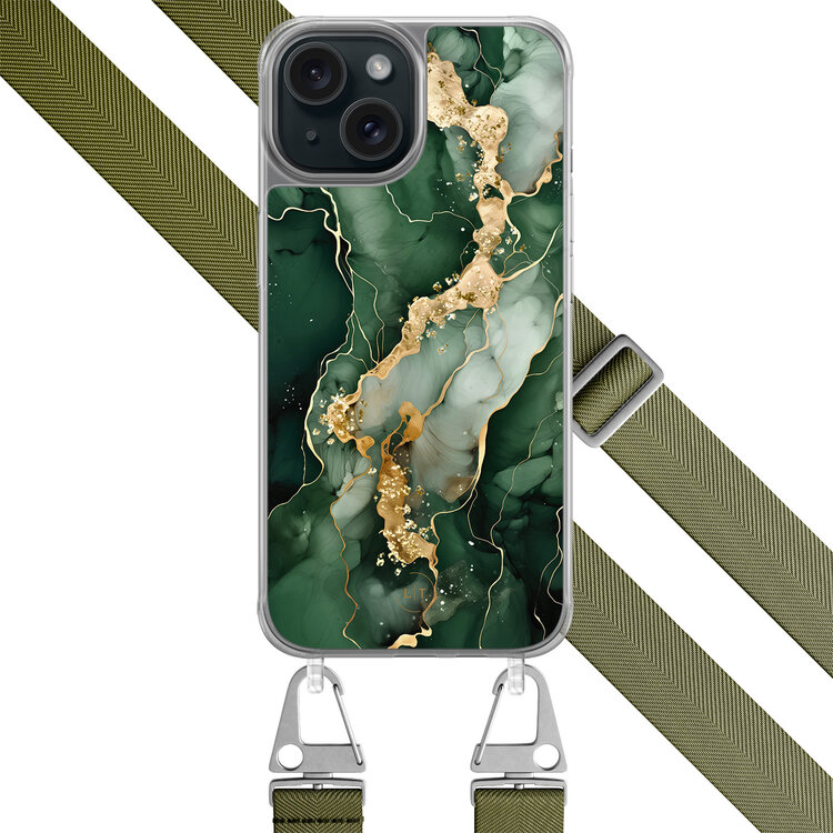 Leuke Telefoonhoesjes iPhone 15 hoesje met groen koord - Marmer groen goud