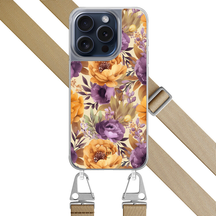 Leuke Telefoonhoesjes iPhone 15 Pro hoesje met beige koord - Floral mix