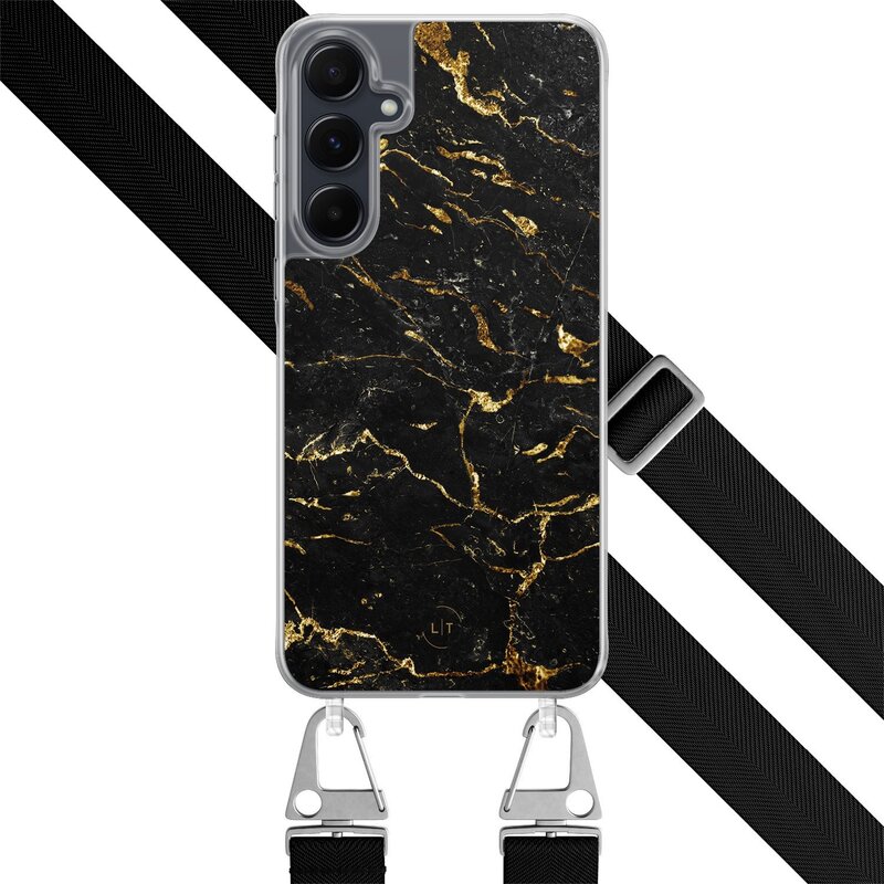 Leuke Telefoonhoesjes Samsung Galaxy A55 hoesje met zwart koord - Marmer zwart goud