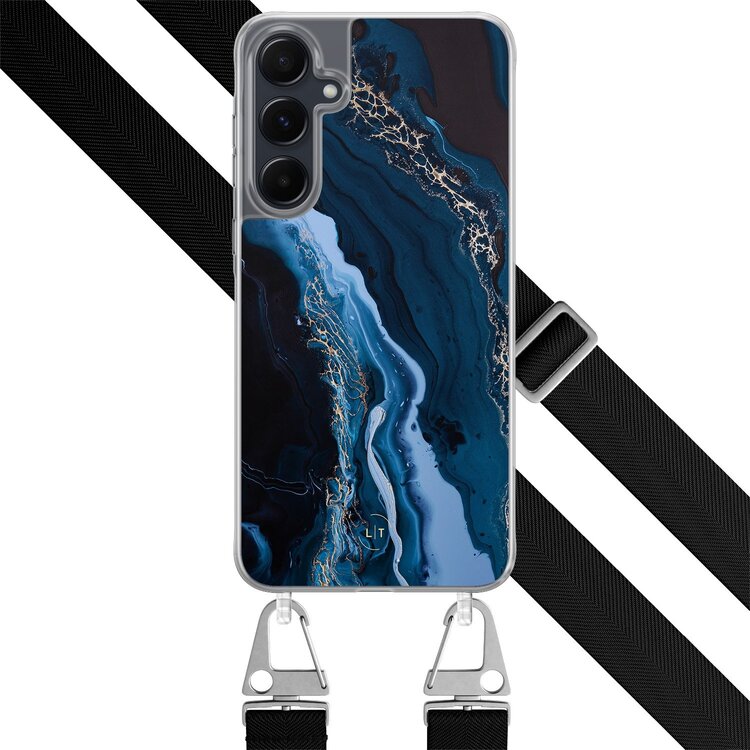 Leuke Telefoonhoesjes Samsung Galaxy A55 hoesje met zwart koord - Marmer lagoon blauw