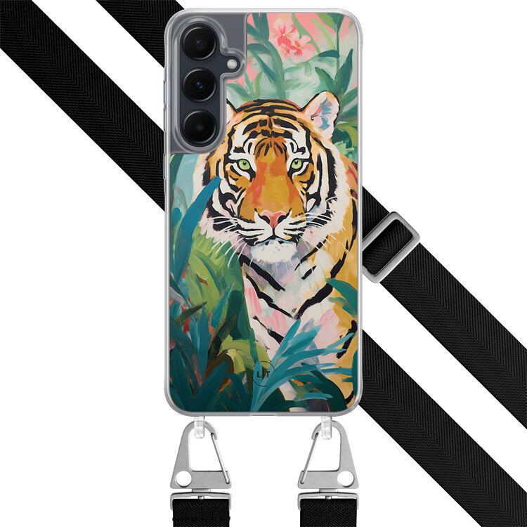 Leuke Telefoonhoesjes Samsung Galaxy A55 hoesje met zwart koord - Tijger in de jungle