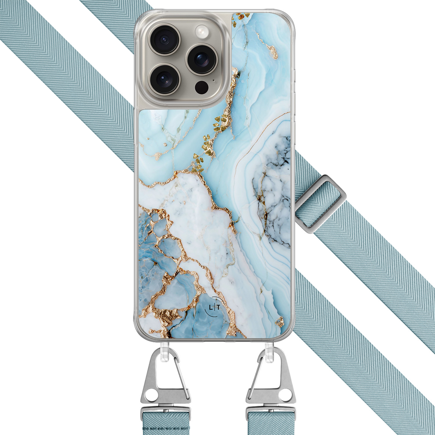 Leuke Telefoonhoesjes iPhone 15 Pro Max hoesje met blauw koord - Marmer babyblauw