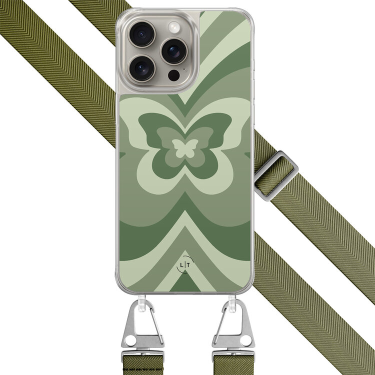 Leuke Telefoonhoesjes iPhone 15 Pro Max hoesje met groen koord - Retro vlinders