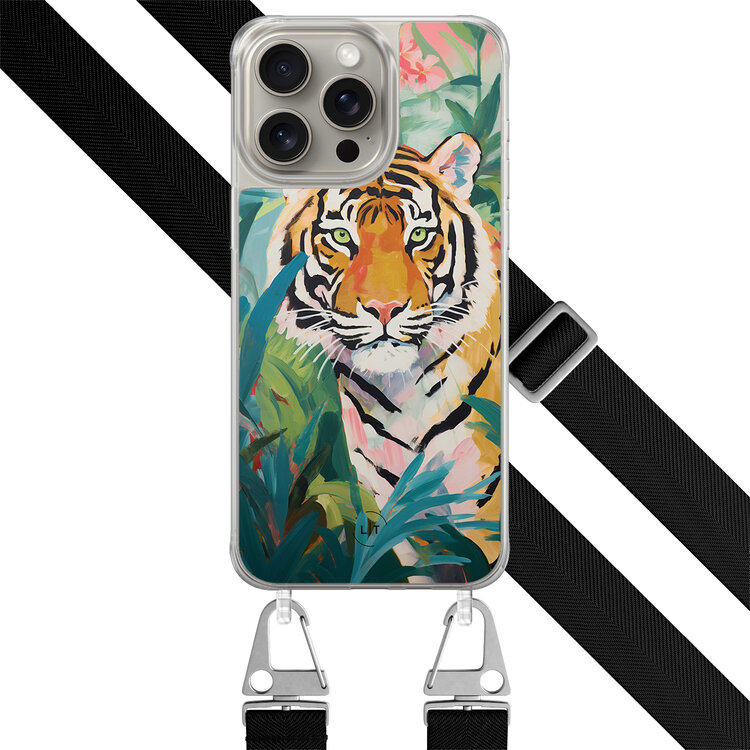 Leuke Telefoonhoesjes iPhone 15 Pro Max hoesje met zwart koord - Tijger in de jungle