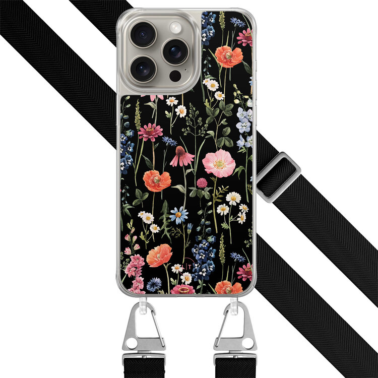 Leuke Telefoonhoesjes iPhone 15 Pro Max hoesje met zwart koord - Dark flowers