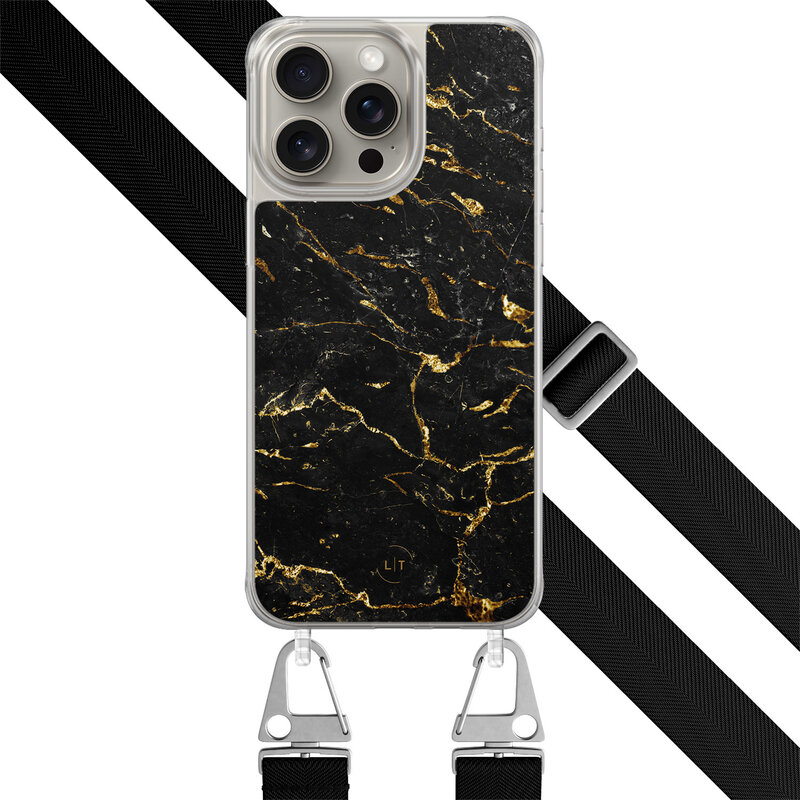 Leuke Telefoonhoesjes iPhone 15 Pro Max hoesje met zwart koord - Marmer zwart goud