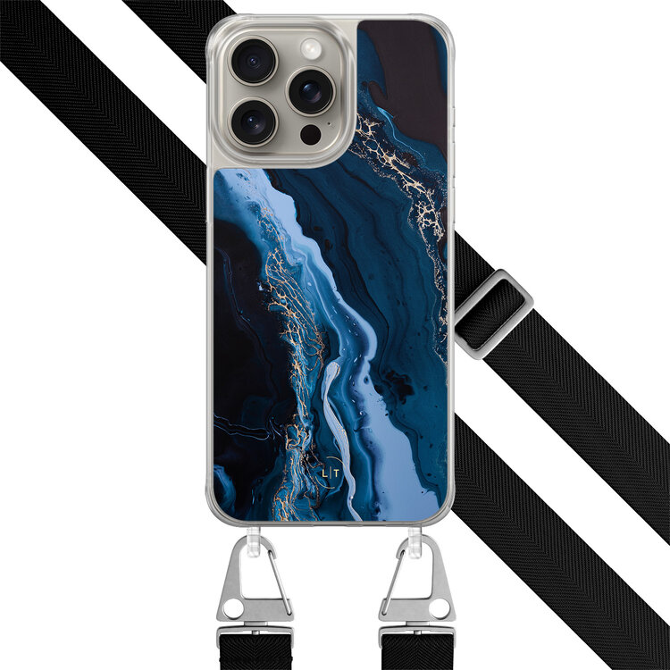 Leuke Telefoonhoesjes iPhone 15 Pro Max hoesje met zwart koord - Marmer lagoon blauw