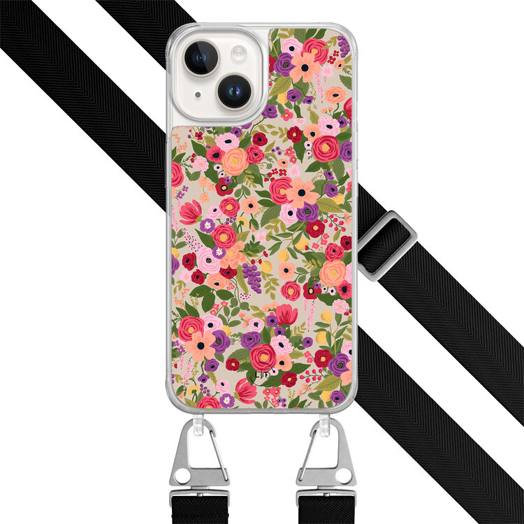 Leuke Telefoonhoesjes iPhone 14 hoesje met zwart koord - Floral garden