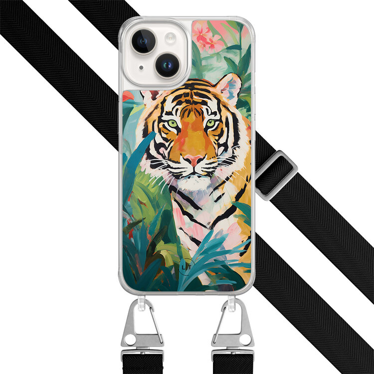 Leuke Telefoonhoesjes iPhone 14 hoesje met zwart koord - Tijger in de jungle