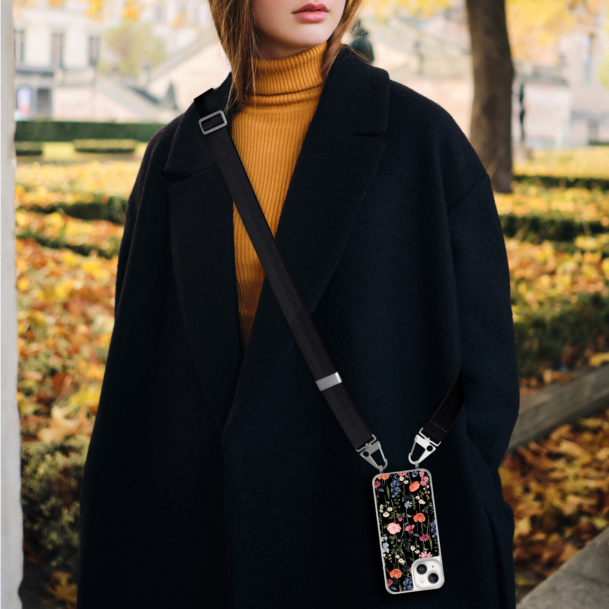 Leuke Telefoonhoesjes iPhone 14 hoesje met zwart koord - Dark flowers